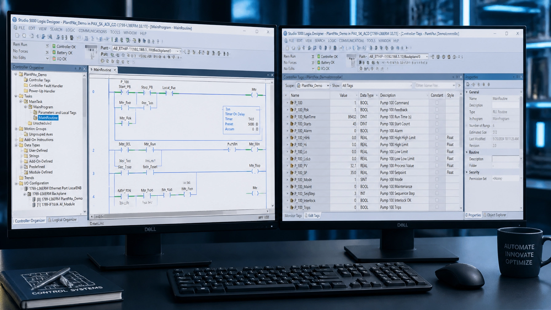 Illustration of a dual-monitor PLC programming workstation displaying ladder logic and controller tags.