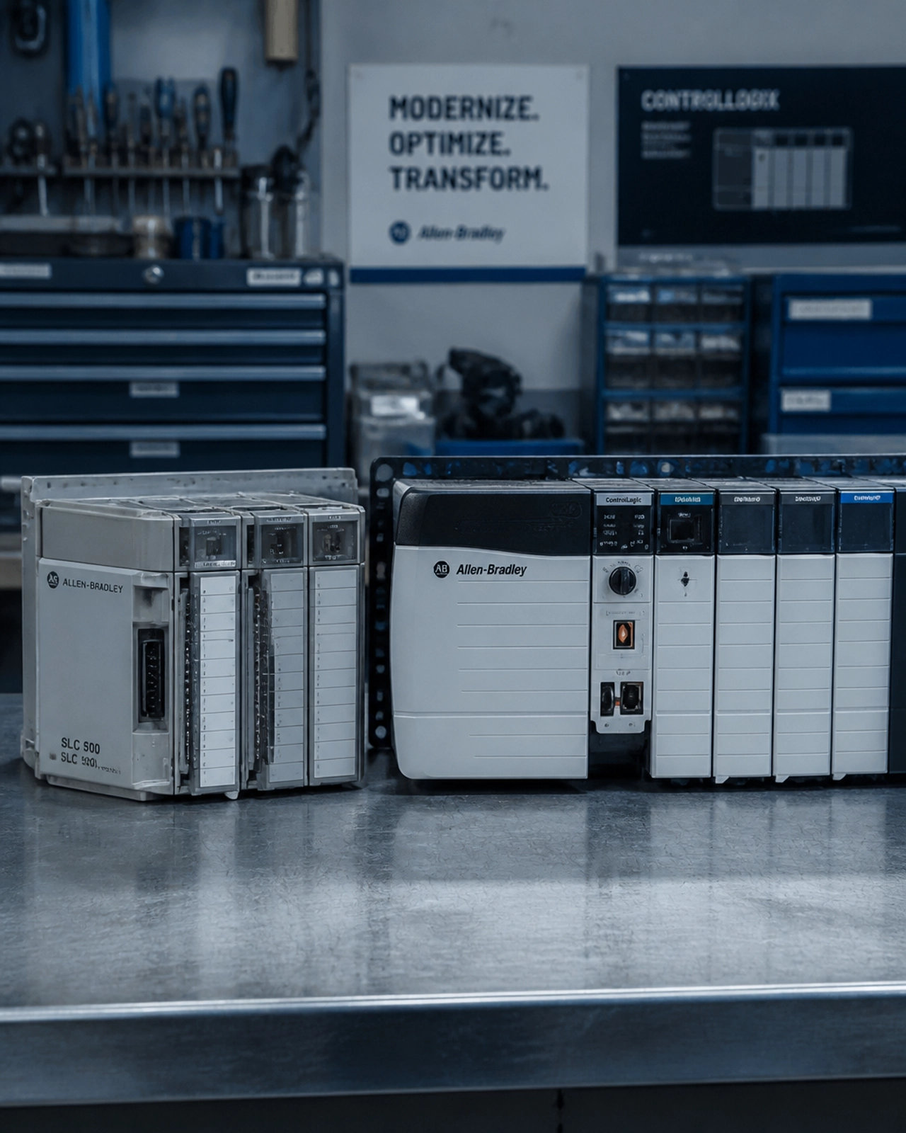 Illustration comparing a legacy Allen-Bradley PLC with a modern Logix-based control system.